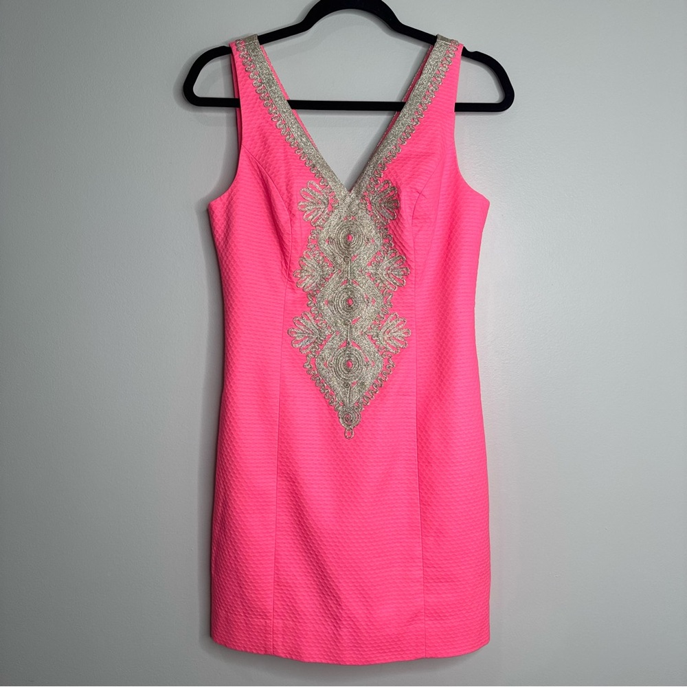 Lilly Pulitzer Junie Shift Dress Corel Metallic Gold Cotton Sleeveless Mini Sz 0